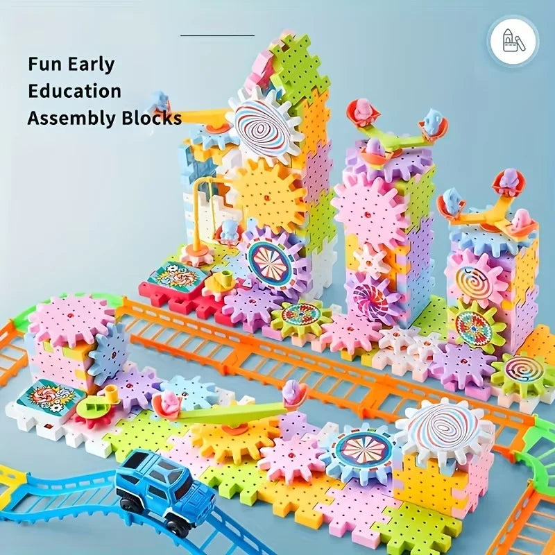 STEM Construction Toy Set Electric Gear Building Set Motorized Spinning Gears Gear Rail Car Big Building Blocks Kids  Toy Gift