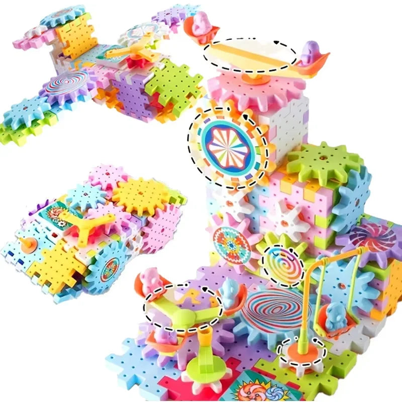 STEM Construction Toy Set Electric Gear Building Set Motorized Spinning Gears Gear Rail Car Big Building Blocks Kids  Toy Gift