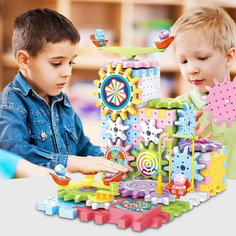 STEM Construction Toy Set Electric Gear Building Set Motorized Spinning Gears Gear Rail Car Big Building Blocks Kids  Toy Gift