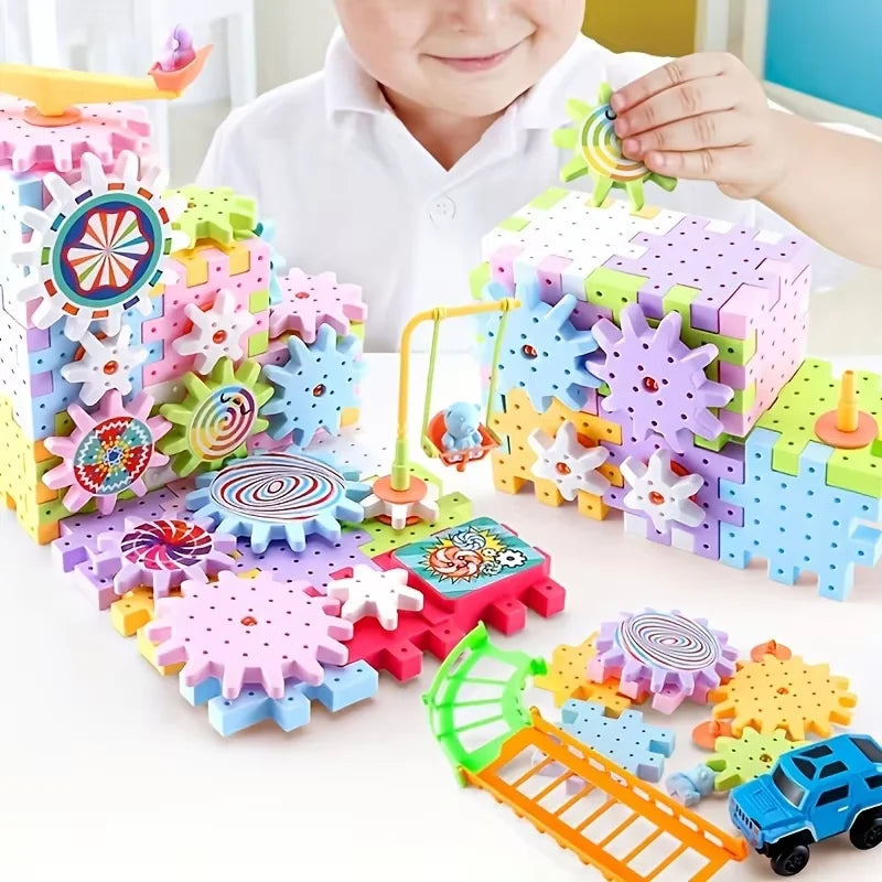 STEM Construction Toy Set Electric Gear Building Set Motorized Spinning Gears Gear Rail Car Big Building Blocks Kids  Toy Gift