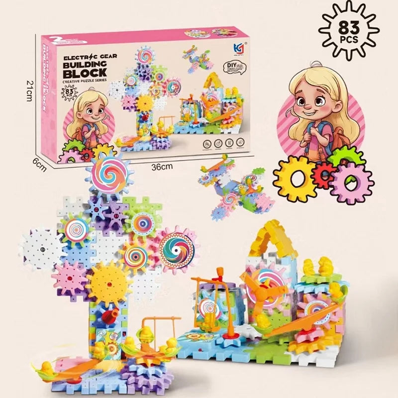 STEM Construction Toy Set Electric Gear Building Set Motorized Spinning Gears Gear Rail Car Big Building Blocks Kids  Toy Gift