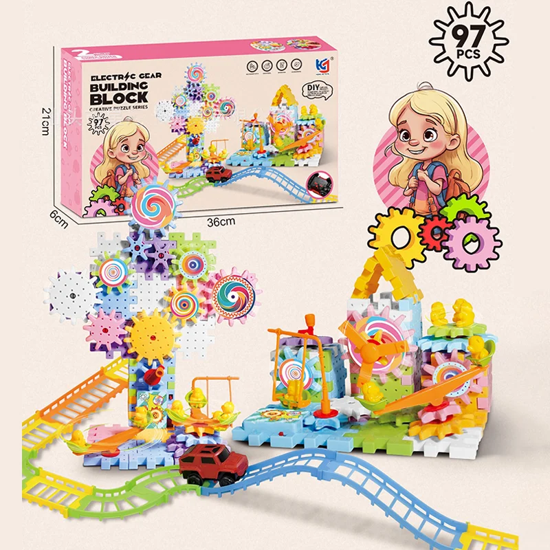 STEM Construction Toy Set Electric Gear Building Set Motorized Spinning Gears Gear Rail Car Big Building Blocks Kids  Toy Gift